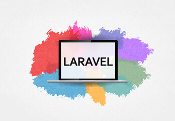 Laravel PHP Framework programming language. Word Laravel on laptop