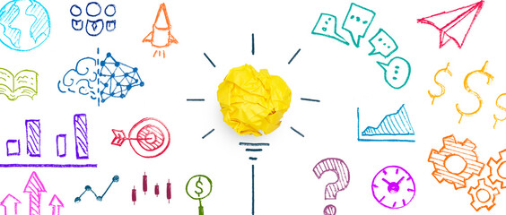 Wall Mural - Yellow paper light bulb and business strategy on white background, Concept of new ideas creativity, innovation, Inspiration and solution