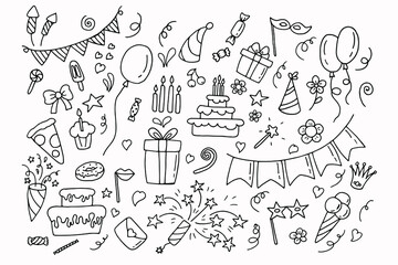 big celebration set. party time doodle clipart with fireworks, party hat, birthday cake, holiday gif