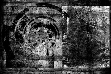 Wall Mural - Abstract grunge futuristic cyber technology background. Sci-fi circuit design. Blueprint on old grungy surface. Futuristic technology design. Cyber punk backdrop