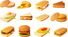 Vector Illustration Of Various Sandwiches Isolated On White Background.
