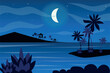 Moon over tropical islands landscape background in flat style. Moonlight at night sky, bungalow silhouettes, palm trees on seashore, seaside resort. Nature scenery. Vector illustration of web banner