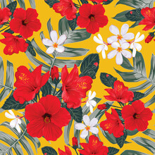 Seamless Pattern Floral With Hibiscus And Frangipani Flowers On Yellow Abstract Background.Vector Illustration Hand Drawn.For Fabric Print Design Or Product Packaging.