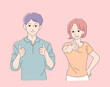 © MINIWIDE - The man and woman are raising their thumbs up and praising. hand drawn style vector design illustrations.