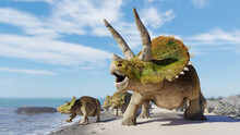 Triceratops Horridus Group, Herd Of Dinosaurs Enjoying The Beach