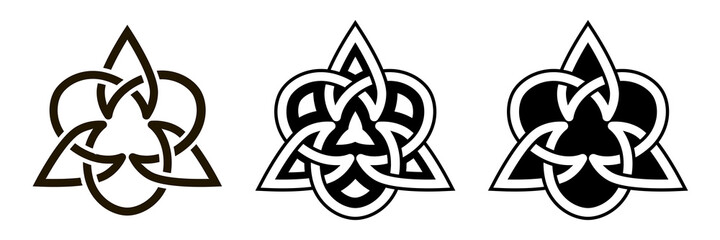 Set of celtic knots, triangular icons.  Traditional celtic ornament elements isolated, trinity symbol  design, black and white signs. Vector illustration