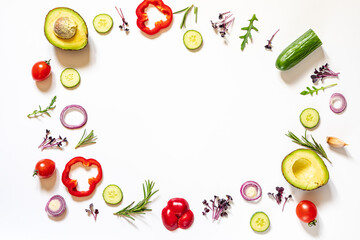 Wall Mural - Creative layout of tomatoes, cucumbers, bell peppers, avocados and salads. flat lay. Food concept. place for your text