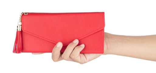 Wall Mural - Hand holding leather red wallet purse isolated on white background