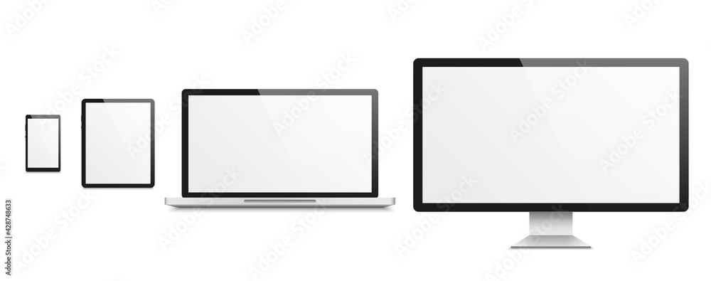 Computer realistic mockup. Smartphone and tablet, laptop and tv, devices with blank white empty screen, advertising on monitor display template. Electronic gadget vector isolated set - obrazy, fototapety, plakaty 