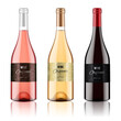 Set of transparent wine bottles with label, isolated.	