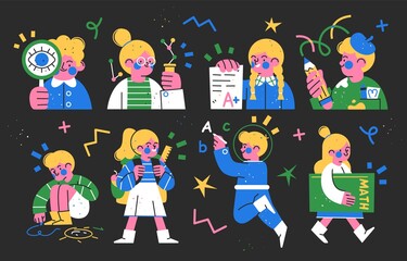 collection of cute happy children ready to go to school flat style vector illustration.