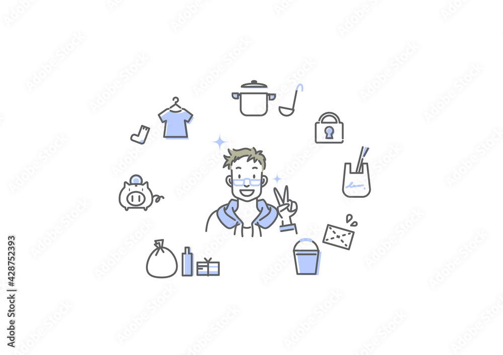 初めてのひとり暮らし 男性 シンプルでおしゃれな線画イラスト Wall Mural Atelier Fmika