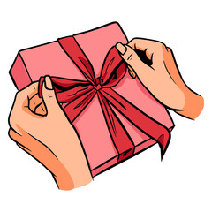 Gift in hand. A gift in a festive package. Cartoon style.