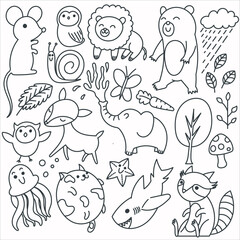 Sticker - Illustration of plant and animal icons doodle style background