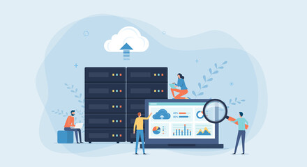 Poster - business technology cloud computing service concept and datacenter storage server connect on cloud with administrator and developer team working on dashboard monitor concept