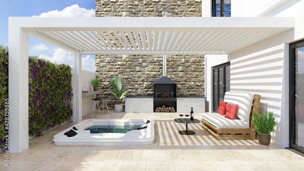 3D render of modern urban patio with white pergola and jacuzzi. - obrazy, fototapety, plakaty 