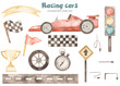 Watercolor children's set with racing cars, road, flag, trophy, traffic light, start line, timer, finish flag, boy