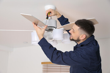 Wall Mural - Electrician with screwdriver repairing ceiling fan indoors