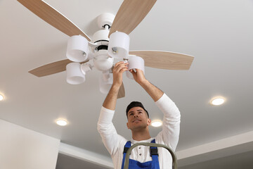 Poster - Electrician changing light bulb in ceiling fan indoors