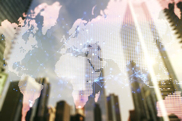 Wall Mural - multi exposure of abstract creative digital world map hologram on modern skyscrapers background, res