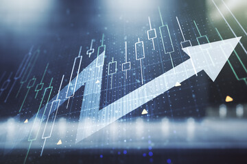 Abstract creative financial diagram and upward arrow hologram on contemporary business center exterior background, growth and development concept