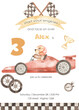 Watercolor boy birthday invitation card with race car, bear, finish flags, timer, trophy