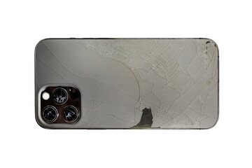 Wall Mural - Broken lens and back side of smartphone, isolated white background, back side, lens, camera