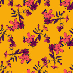 Wall Mural - Drawing branches with flowers, bloom in pink purple yellow colors, floral seamless pattern, nature abstract background vector. Line art botanical illustration graphic design print. Trendy wallpaper
