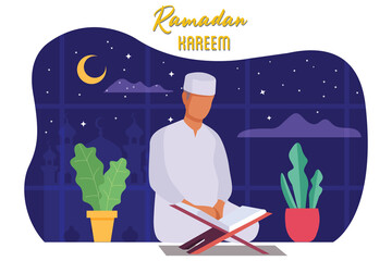 Muslim prayer man reading kuran at the ramadan with moon and star sky.