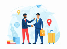 Work Abroad Concept Flat Vector Illustration. Human Resources Agency. Male Cartoon Character Employer Welcomes New Foreign Worker. International Recruiting. Expat Work. Job For Migrants