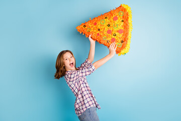 Sticker - Profile photo of nice optimistic red hairdo girl eat pizza wear plaid shirt isolated on blue color background