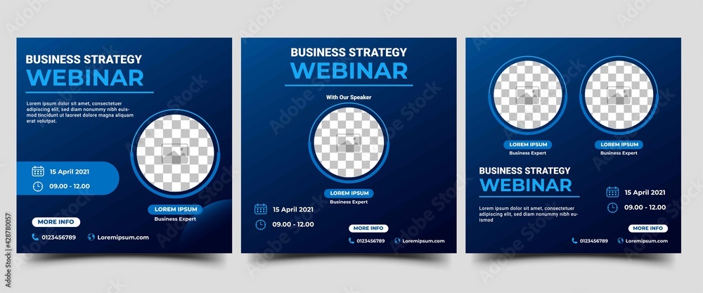 Webinar Social Media post template. Modern banner with abstract gradient blue background. Vector design with place for the photo. Suitable for social media post, banners, flyers, and website.	 - obrazy, fototapety, plakaty 