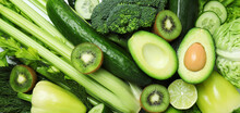 Fresh Green Vegetables On Whole Background, Close Up
