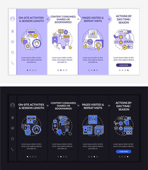 User behaviour analysis onboarding vector template. Responsive mobile website with icons. Web page walkthrough 4 step screens. Digital marketing dark, light mode concept with linear illustrations