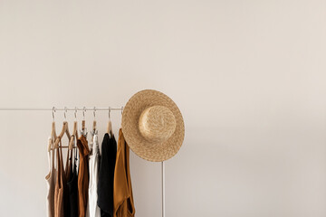 Wall Mural - Aesthetic minimalist fashion influencer blog composition. Stylish pastel summer female clothes, dress, tops, t-shirts, straw hat on clothing rack against white wall. Fashion women wear