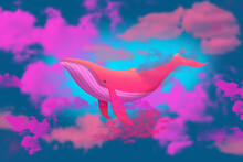 Cartoon Pink Whale In Colored Clouds, Raster