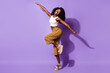 Full length body size view of attractive funny cheerful girl having fun like plane isolated over bright violet purple color background