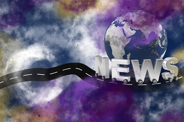 Wall Mural - word news on wheels as a car around the world map on cosmos background.