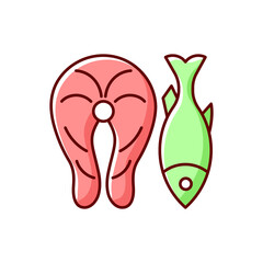 Sticker - Fish RGB color icon. Marine food raw ingredient. Fresh salmon, cooked tuna. Healthy eating, protein dense foodstuff in diet. Common allergen. Allergy cause. Isolated vector illustration