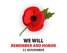 Remembrance Poppy Appeal In Paper Cut Style. Modern Origami Design Red Flower Isolated On White For Remembrance Day, Memorial Day, Anzac Day. Vector Illustration For Web Banner
