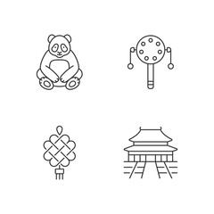 Poster - Chinese culture linear icons set. Pellet drum. Chinese knotting. Forbidden City. Asian history. Customizable thin line contour symbols. Isolated vector outline illustrations. Editable stroke