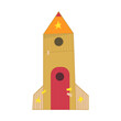 Hand made cardboard rocket. Entertainment for children. Rocket for games with children .Games with paper Space ship vector cartoon style illustration.
