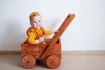 Little cute Baby girl playing with wooden cart