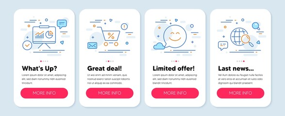 Wall Mural - Set of Business icons, such as Presentation, Special offer, Smile chat symbols. Mobile screen banners. Web search line icons. Board with charts, Discounts, Happy face. Find internet. Vector