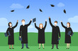 © Vector DSGNR - Graduate students in medical masks rejoice and throw mortarboards. Vector illustration.
