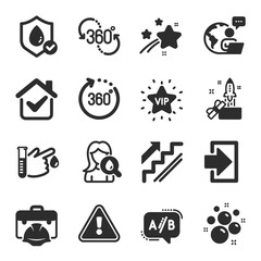 Set of Business icons, such as Ab testing, Innovation, Blood donation symbols. Waterproof, Vip star, Construction toolbox signs. 360 degrees, Clean bubbles, Stairs. 360 degree, Login. Vector