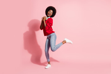 Canvas Print - Full length body size view of attractive cheerful girl dancing having fun listening pop hit isolated over pink pastel color background