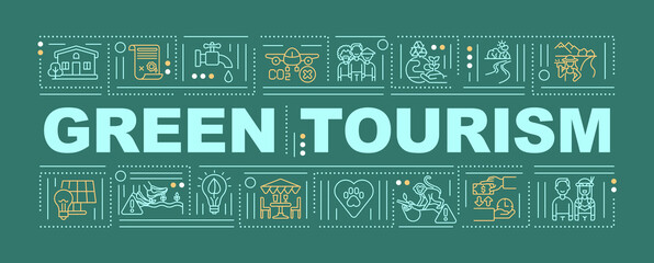 Sticker - Green tourism word concepts banner. Activity focused on participating in eco lifestyle. Infographics with linear icons on green background. Isolated typography. Vector outline RGB color illustration