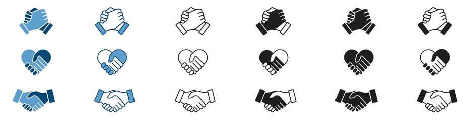 handshake icon set, Soul brother handshake icon, Heart handshake icon in different style, vector illustration