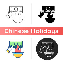 Burning Money Icon. Hungry Ghost Festival. Zhongyuanjie. Chinese Culture. Visiting Ancestors. Spirits Coming Out From Realm. Linear Black And RGB Color Styles. Isolated Vector Illustrations